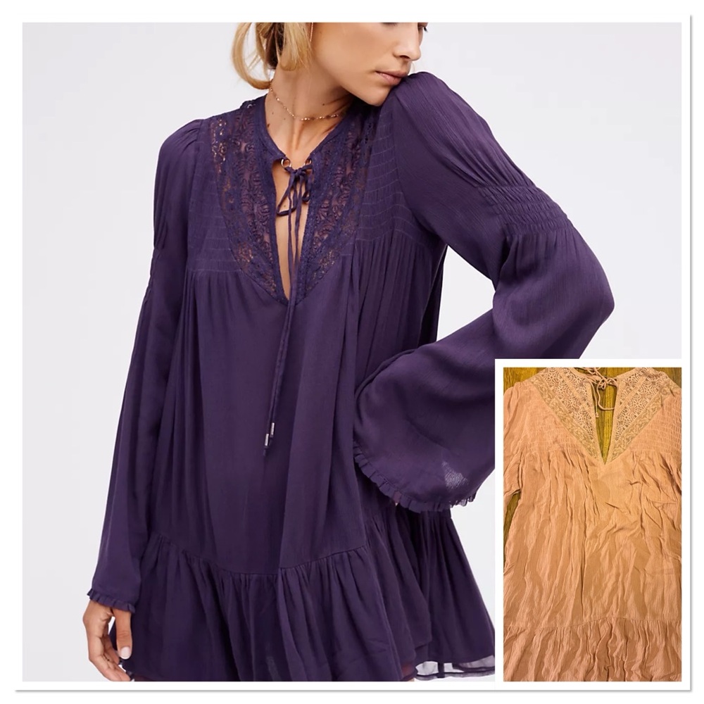 Free People One Night Tunic Boho Lace-Trim Peasant Tunic in soft pink